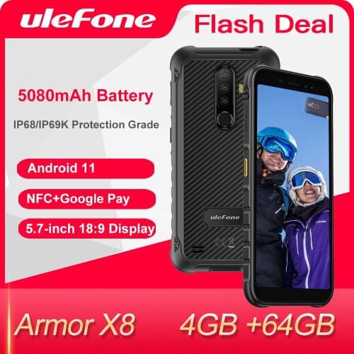 Ulefone Armor X8 Rugged Smartphone Android 10 4GB+64GB Cell Phone Global 4G LTE Mobile Phone/NFC/ Waterproof IP68/Octa-Core