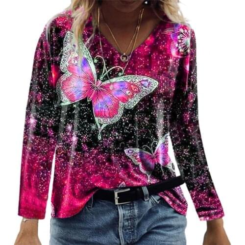 Long Sleeve Women T-shirt Oversize Fluorescent Color Butterflies Print Tee Shirts Casual V Neck Autumn Tshirt Top 2021