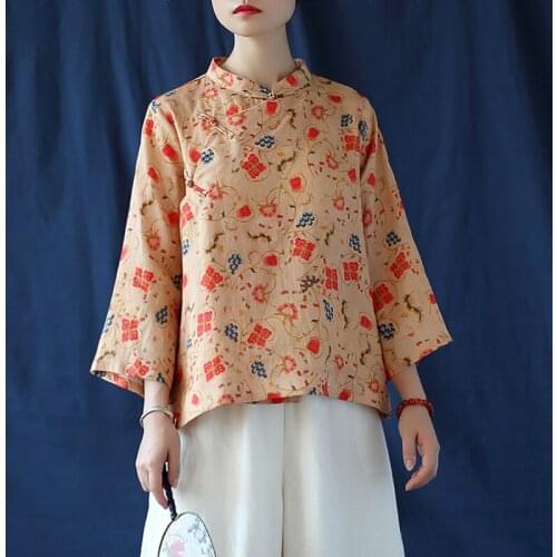 Johnature 2020 New Clothes Women Print Ramie Linen Shirt Vintage Nine Quarter Sleeve Button Stand Collar Women Blouses Tops
