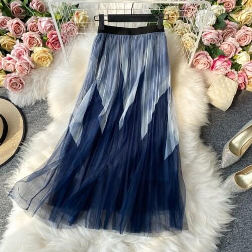 New Fall Women Fashion Mesh Skirt Female Casual Voile Splice Colors Skirt Ladies Multilayer A-line Mid Calf Urban Swing Skirt
