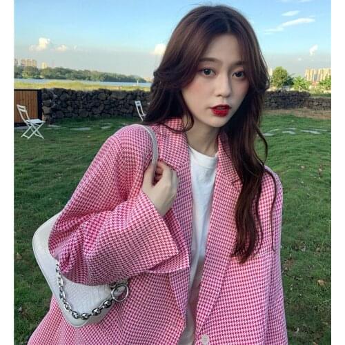Nic Hot sale 2021 New Women Coat Autumn long sleeve cardigan Blazer Pink Plaid Lady Casual Lattice Blazers and Jackets Femme New