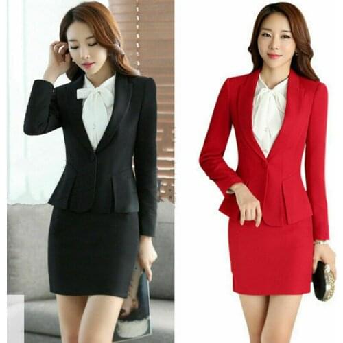 Women Suit 2PCS Jacket+Skirt Sets Formal Ruffle Slim Fitted OL Office Work Wear