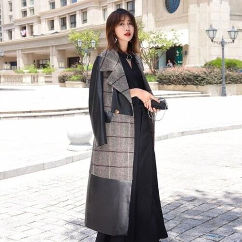 Designer Spliced Woolen Genuine Leather Coat Women Elegant Double Breasted Trench Coat Fashion Office Lady Overcoat Outerwear