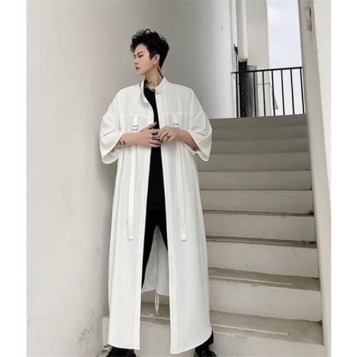2021 White Long Shirt Mens Summer Half-Sleeve Oversized Shirts Punk Casual Robe Blouse Korean Style Vintage Clothing