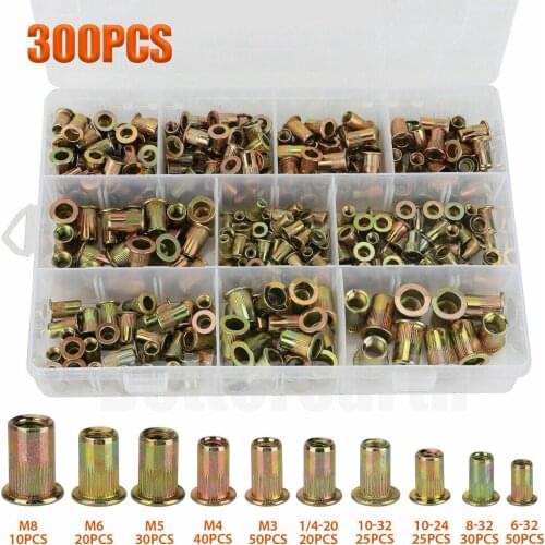 300PCS Carbon Steel Rivet Nuts Carbon Steel M3 M4 M5 M6 M8 Flat Head Rivet Nuts Set Hardware Parts 6-32/8-32/10-24/10-32/1/4-20