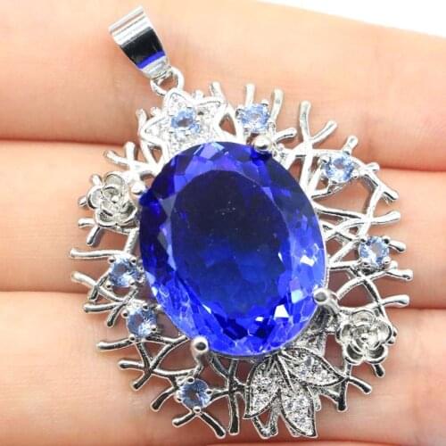 48x34mm Anniversary Long Big Heavy 14.5g Created Rich Blue Violet Tanzanite CZ Gift For Ladies Engagement Silver Pendant