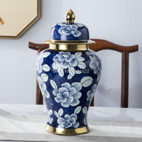 Antique Royal Handpainted Blue and white Ceramic Golden General Tank Vase Fortune Hat-covered Ginger Jars Ornament Creative Gift