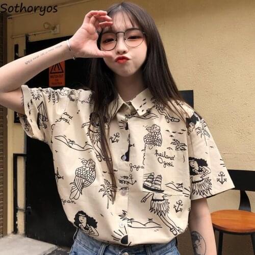 Blouse Women Shirts Turn-down Collar Short Sleeve Printed Retro Single-breasted Loose Harajuku Students Streetwear BF Casual New