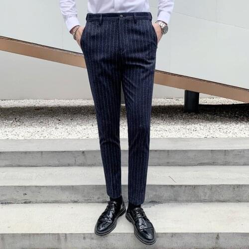 Black Grey Navy Blue Striped Suit Pants Men Stylish Slim Fit Dress Pants For Trendy Men Gentleman Luxury Casual Office Trousers