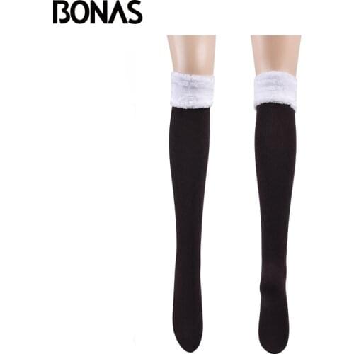 BONAS Knee Stockings Winter Long Warm Stockings Women Over Knee Solid Color Spring Autumn Winter Girls Stockings Knitted Thermal