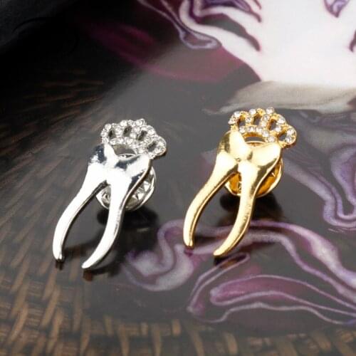 Dongsheng jewelry Funny Tooth Shaped Brooch pins Alloy broche Rhinestones Crown brooches for women Man Dentist Gifts