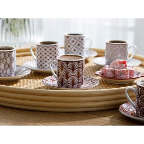 Porcelain Türk kahvesi fincanı 6 kişilik Coffee Cup Set 80Ml Burgundy Stylish Coffee Sets Cups and Saucers