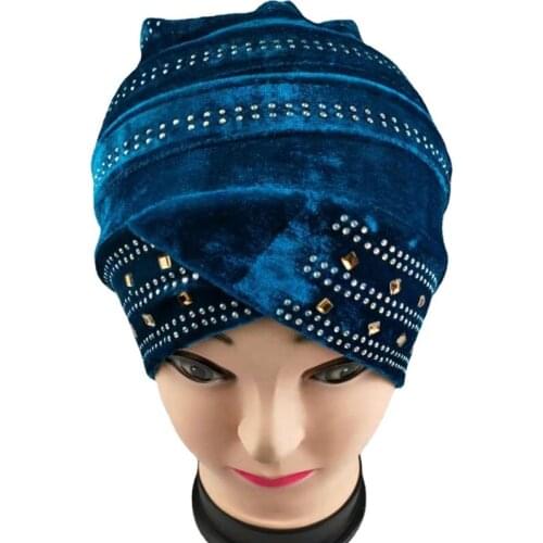 Muslim Fashion Turban Headscarf Hat Beanies Women Velvet Rhinestone Chemotherapy India Hair Band Hats Bandana Hijab Headband