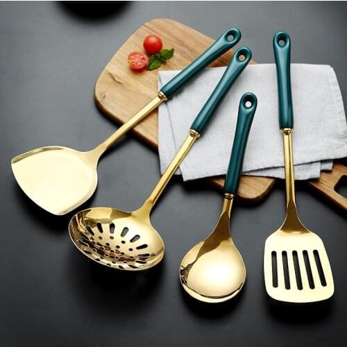 Nordic 4pcs Kitchen Accessories Frying Pan Colander Soup Ladle Cooking Tools Stainless Steel Appliances Emerald Green Gold