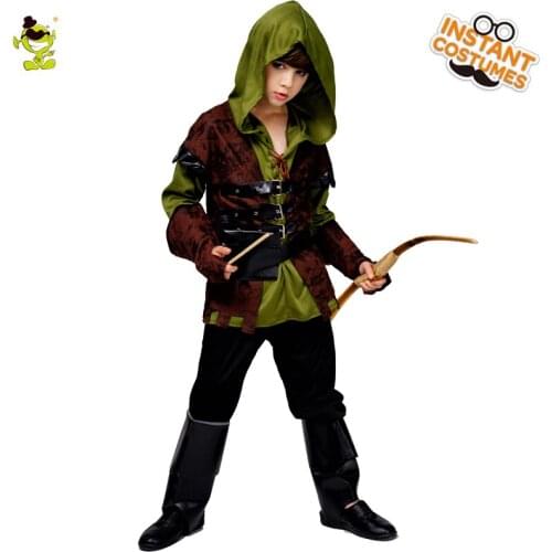 Purim Costume for Boys Huntsman Hood Costumes Green Deluxe Cosplay Fancy Suit for Halloween Costumes Party for Kids