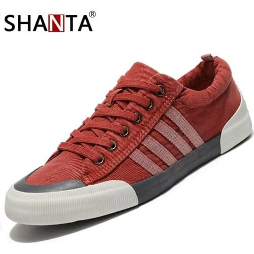 SHANTA Men Canvas Shoes 2019 Fashion Solid Color Men Vulcanized Shoes Lace-up White Casual Shoes Men Sneakers