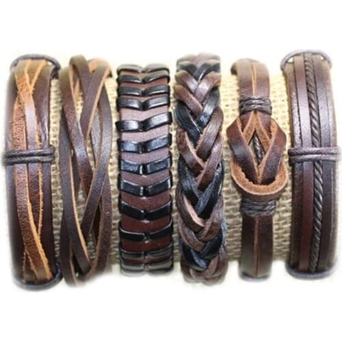 6pcs/lot brown wrap real leather bracelet men friendship Bracelets bangles for women pulseira masculina mujer bracciale uomo S76