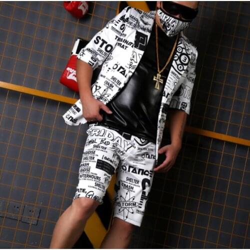 Short sleeve blazer men suits designs Black white alphabet printing jacket mens coat stage singers clothes dance star style