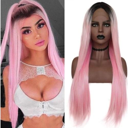 DLM Wig Ombre Pink Wig Long Straight Synthetic Lace Front Wigs For Women Heat Resistant Fiber Dark Root Wigs For Women