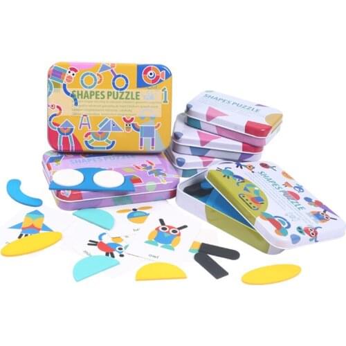 Geometric shape puzzles kindergarten intelligence tangram iron box animal shape puzzle wooden childrens toys