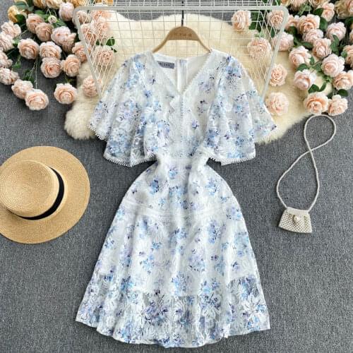 SINGREINY Women French Lace Dress Sweet Ruffles Sleeve V Neck A-line Dresses Summer Korean Fashion Streetwear Short Sundress