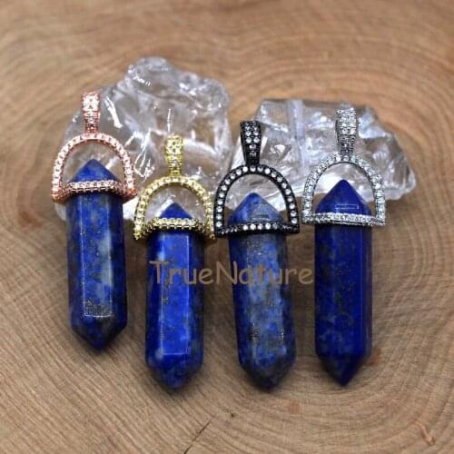 Mosaic Cubic Zircon Beads Lapis Lazuli Pencil Petite Point Pendant Natural Stone Nugget Charm Copper Cap In 45*10 mm PM7416