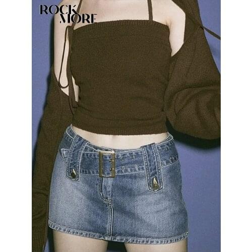 Rockmore WomenS Jeans Skirt Y2K Belt Mini Denim Skirt Korean Low Waist Straight Short Skirt Summer Harajuku Sexy Vintage 2021