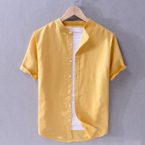 New arrival brand linen shirts men summer solid yellow shirt mens fashion casual stand collar shirt male plus size camiseta