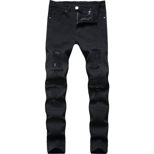 High street hole self-cultivation small feet stretch trousers personality motorcycle scratched mens street casual pants