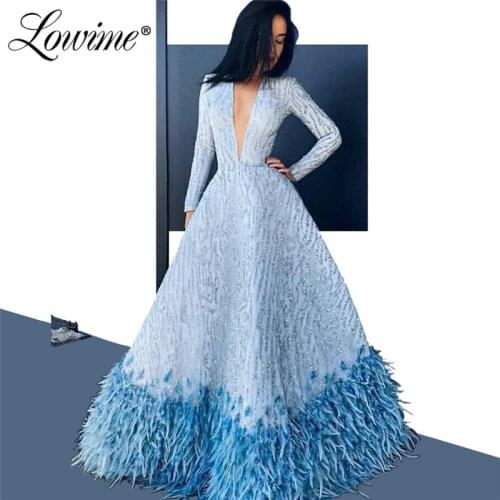 Blue Feather Evening Dresses Luxury Deep V Neck Glitter Party Gown 2019 Couture Islamic Turkish Arabic Prom Dresses Abendkleider