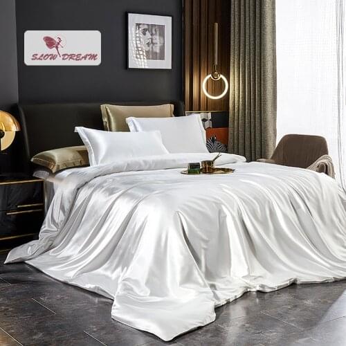 SlowDream Women Pure White Satin Bedding Set Silky Home Textile Duvet Cover Bedspread Twin Full Queen King Family Bed Linen Set