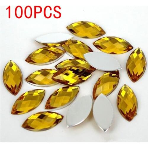 Hot Sale 100Pieces Flat Back Marquise Earth Facets golden Acrylic Horse eye Shape Rhinestone Nail art diamond Nail decoration