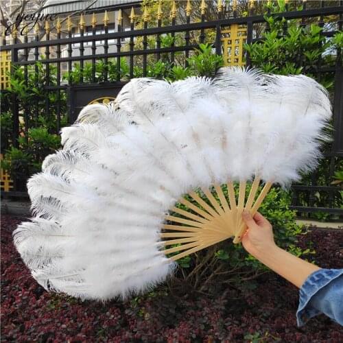 High Quality 15 Bone White Ostrich Feathers Fan Halloween Party Wedding Celebration Belly Dance Show DIY Decorative Feathers Fan