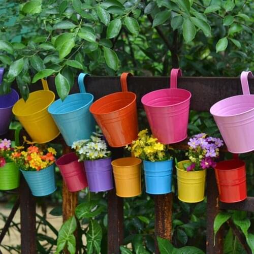 Iron Hanging Flower Pot with Removable Hook Candy Color Garden Planter Bucket For Balcony Flower Basket Home Decor Plants Pot