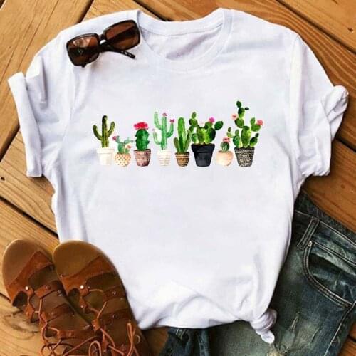 Maycaur New Cactus Printed T-Shirt Women Funny Short Sleeves T Shirts Streetwear Kawaii Female Clothes Fashion O-neck Tops Tee