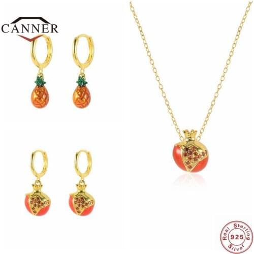 CANNER 925 Sterling Silver Pineapple Pomegranate Pendant Necklace Drop Earrings for Women Piercing Dangle Earring Fine Jewelry