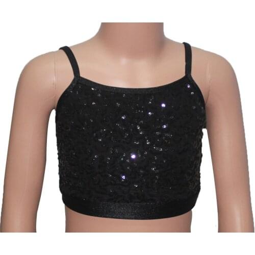 Black Sequin Crop Tops Nylon/Lycra Camisole Kids and Girls Women Short Top for Performance Latin Jazz Dance
