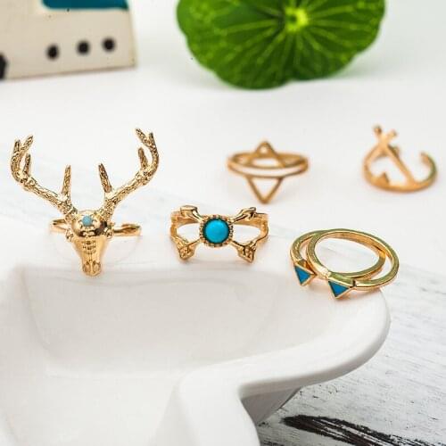 6 pcs/set Ancient Figure Blue Stone Deer Head Arrow Boho Silver Plated Golden Midi Rings for Women