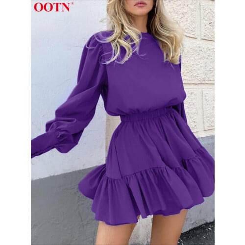 OOTN Green Lantern Sleeve O-Neck High Waist Mini Dress Ladies Y2k Ruffled A-Line Dresses For Women Spring Autumn High Street