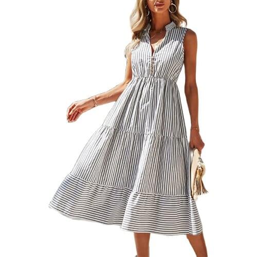 New Design Good Quality Factory Price Fashion Hot Selling Womens Striped High Waist V-Neck Sleeveless Dress