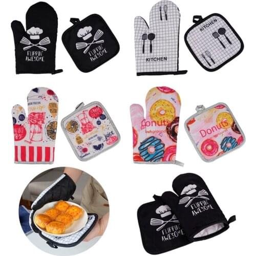 2PCS Kitchen Gloves Cotton Fashion Cartoon Printed Insulation Pad Cooking Microwave Baking BBQ Oven Potholders Pad Mitts Set
