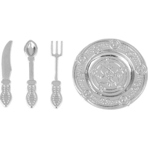 4PCS/Set 1:12 Miniature Vintage Silverware Set Knife Spoon Fork and Dish Flatware Dollhouse Kitchen Accessories