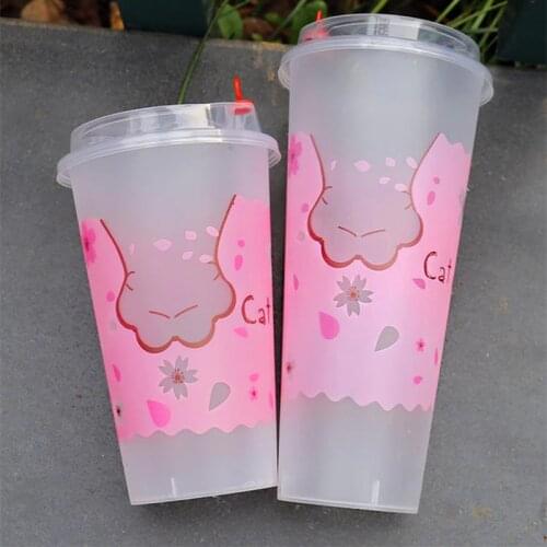 50pcs High quality frosted tranparent pink cat claw disposable milk tea cup 500ml 700ml drink plastic cups with red love lid