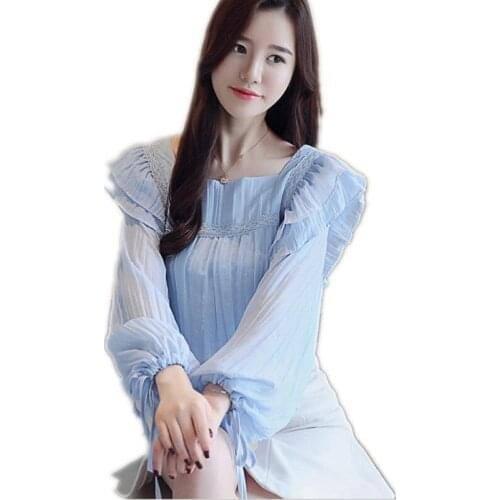 Spring Chiffon Women Blouses 2019New Fashion Ruffles Casual Tops Female Long Lantern Sleeve Shirts Mujer Square Collar TopsQ1294