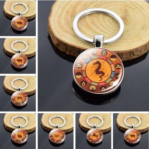 12 Zodiac Sign Keychain Rat Ox Tiger Rabbit Dragon Snake Horse Goat Monkey Rooster Dog Pig Glass Dome Double Side Keychain