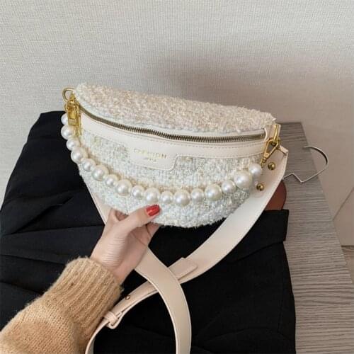 Elegant Woolen Women Chest Bag With Pearl Chain Fanny Pack Waist Belt Bag Female Waist Pack Luxury Belly Shoulder Crossbody Bag
