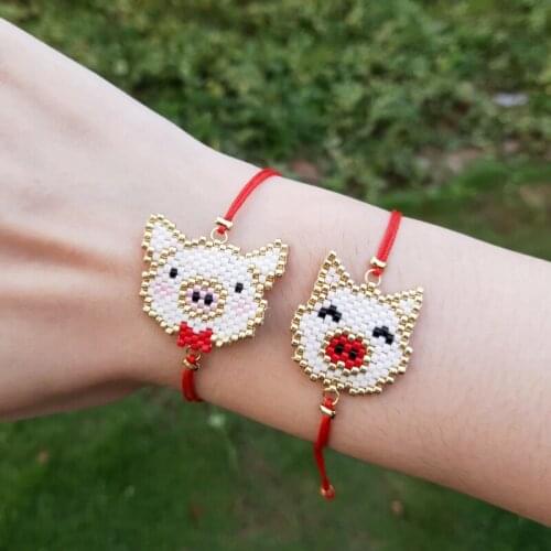 FAIRYWOO Miyuki Bead Bracelet Women Cute Pig Pendant Jewelry Handmade Charm Bracelets Red Rope Drawstring Bracelet Bangles Sweet Animals Jewelry For Kid Gifts