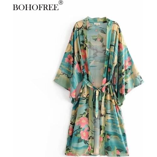 New Womens Lotus Print Kimono Cardigan Folk Boho Chic Women Long Cotton Jacket Kimono Bohemian Kimonos