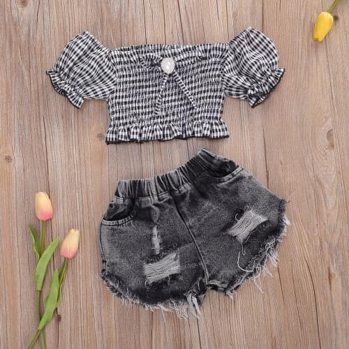 Baby Girls Clothes Sets Short Sleeve Off Shoulder Plaid T-Shirts Tops Denim Shorts 2pcs For 2-9Y Summer Toddler Fashion Clothes