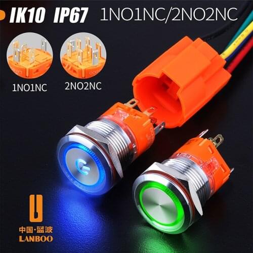 New Product 19mm 24V12V220V Led illuminated Stainless steel momentary latch anti-vandal waterproof IP67 metal push button switch